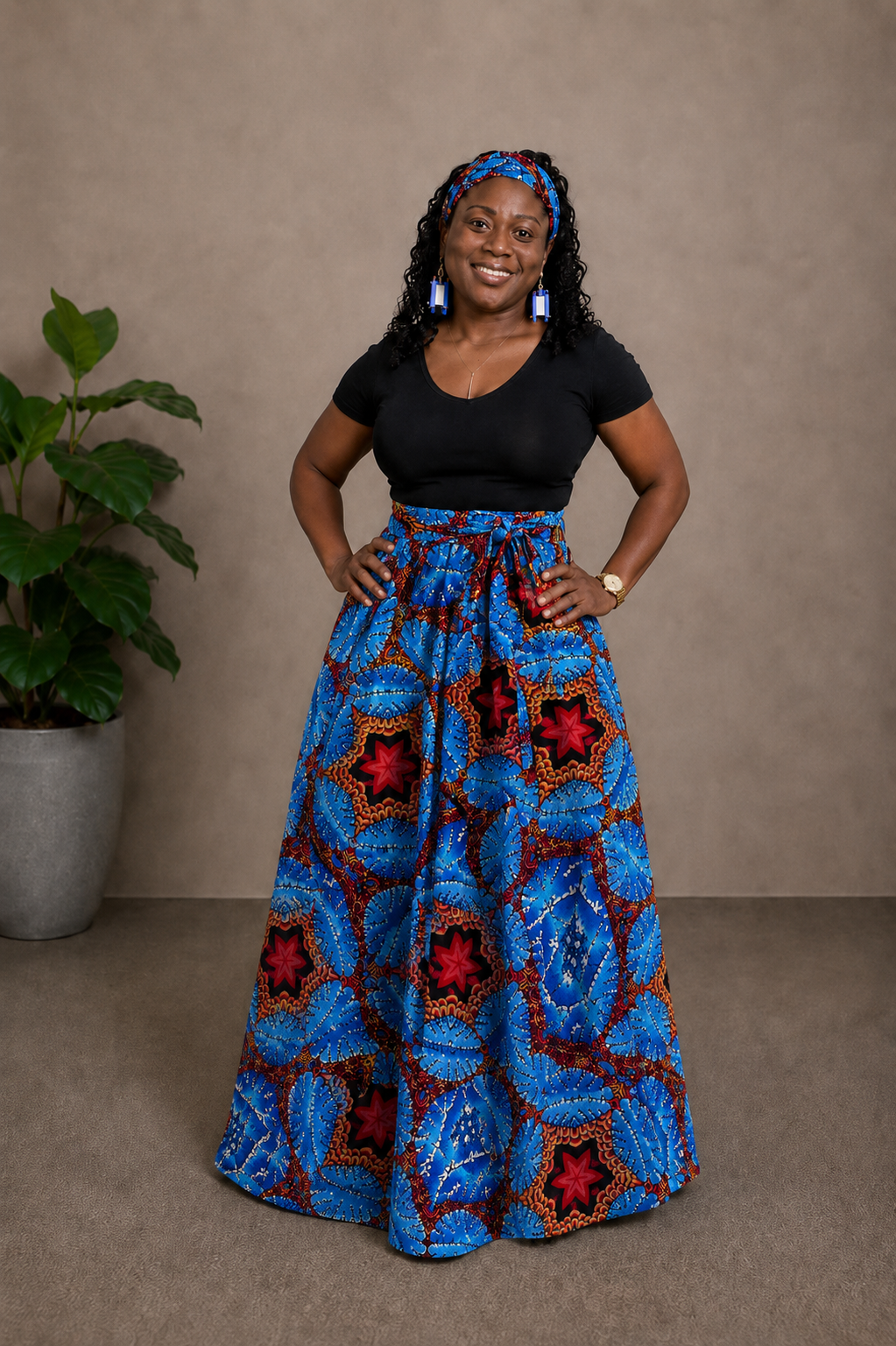 African Maxi Skirt - Blue Pink Starfish Print