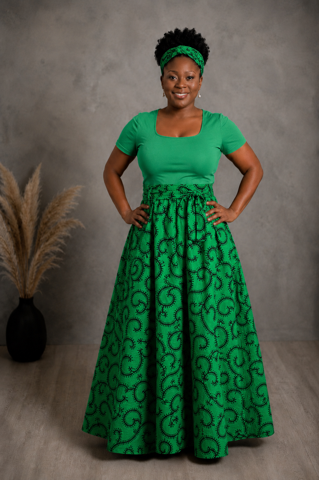 African Maxi Skirt - Green or Yellow Black Swirl