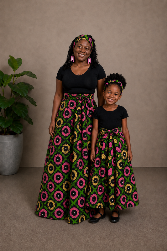 African Maxi Skirt - Pink, Yellow and Green Print