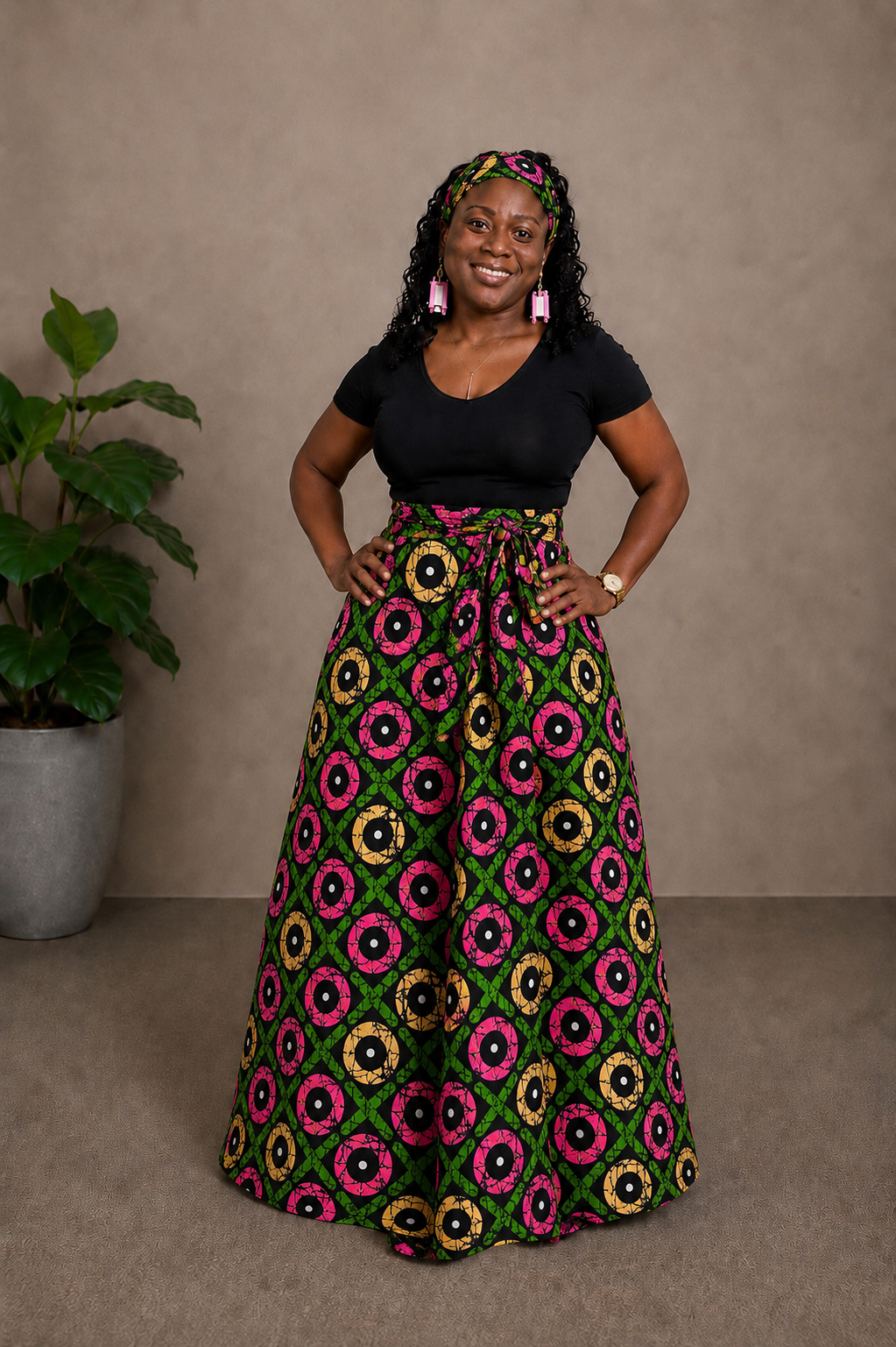African Maxi Skirt - Pink, Yellow and Green Print