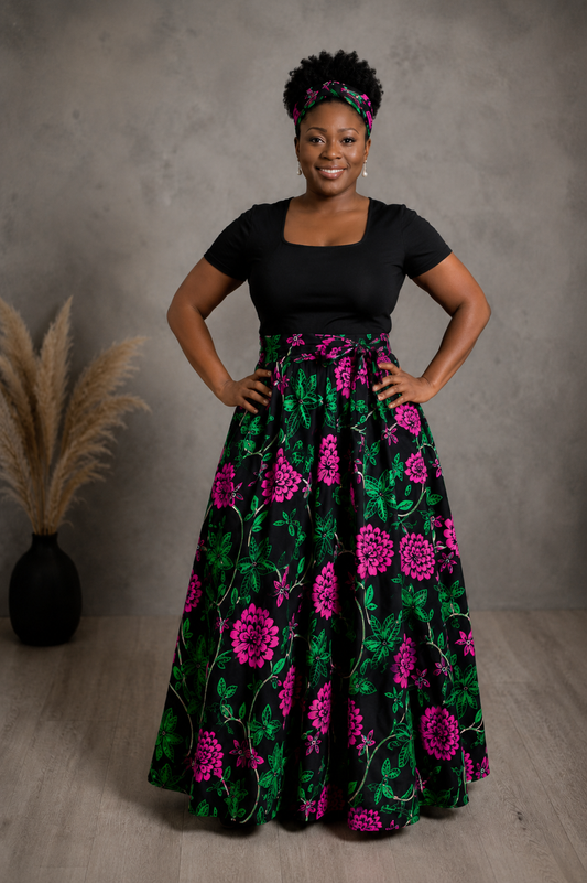 African Maxi Skirt - Pink Large Flowers Print