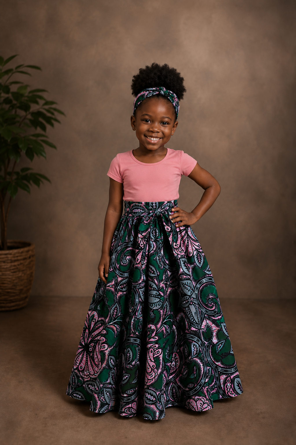 African Maxi Skirt - Pink Fan Green Print