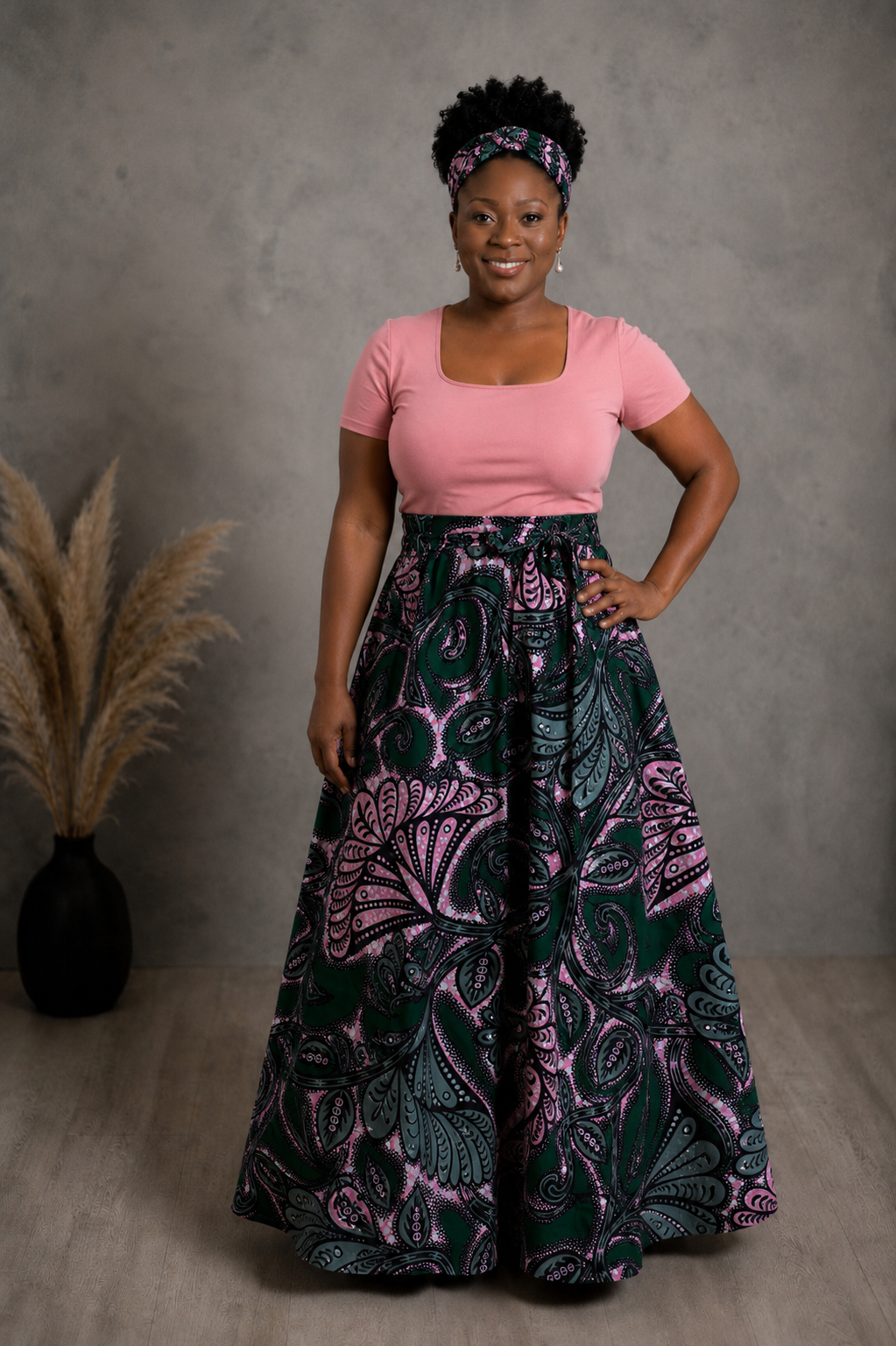 African Maxi Skirt - Pink Fan Green Print