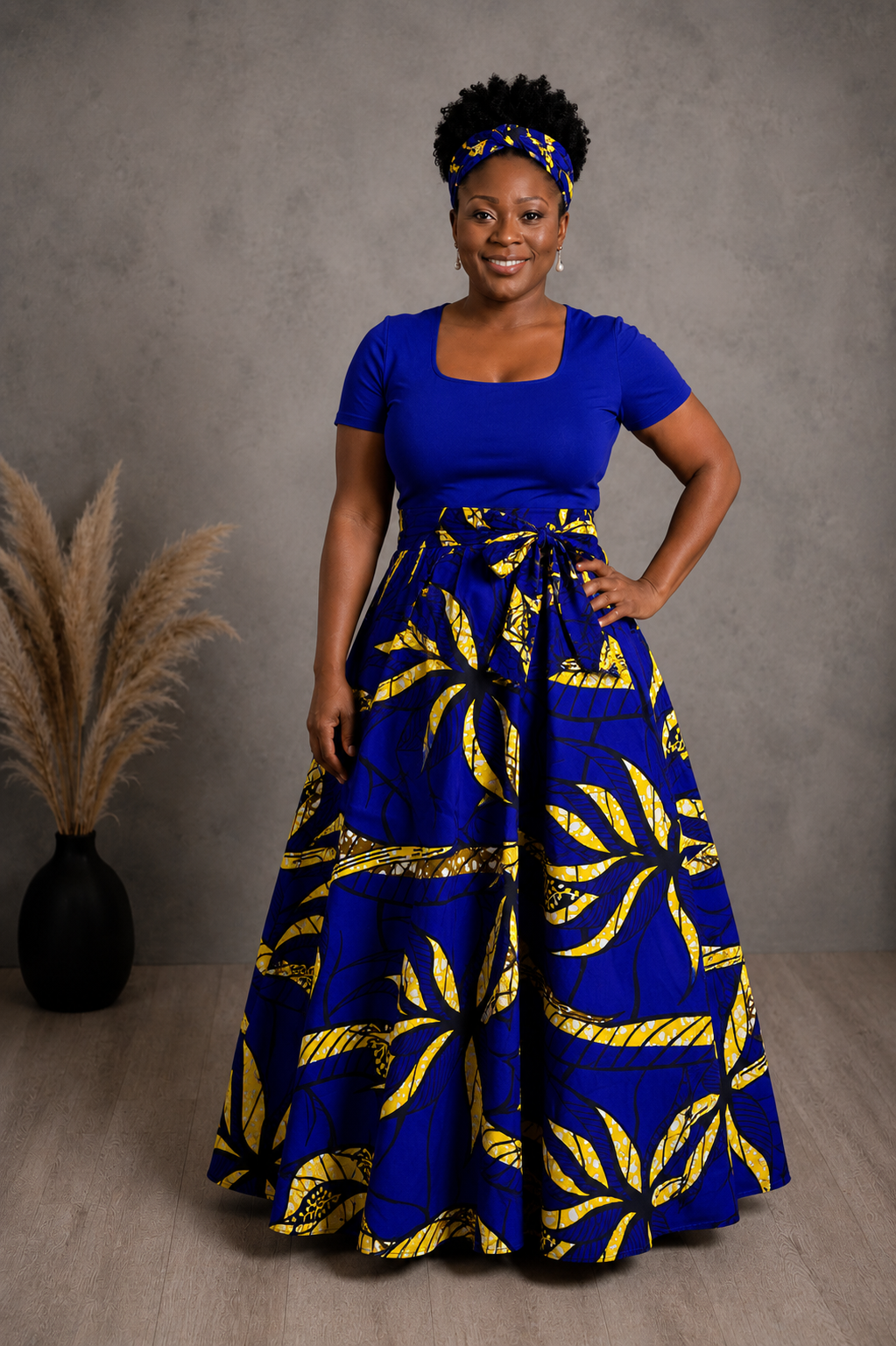 African Maxi Skirt - Blue Yellow Leaves Print