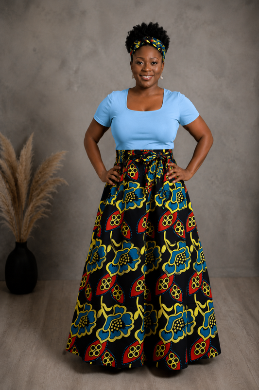 African Maxi Skirt - Blue Flowers Yellow Outline