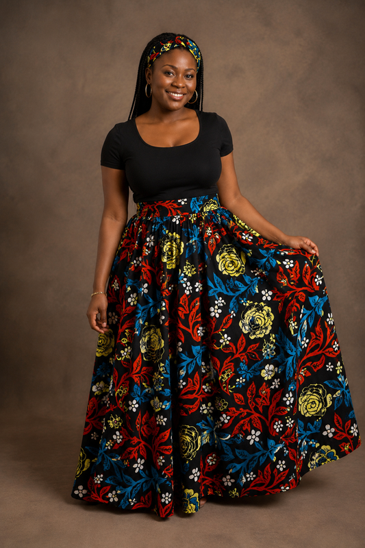 African Maxi Skirt - Blue Red Leaves Yellow Flowers Print