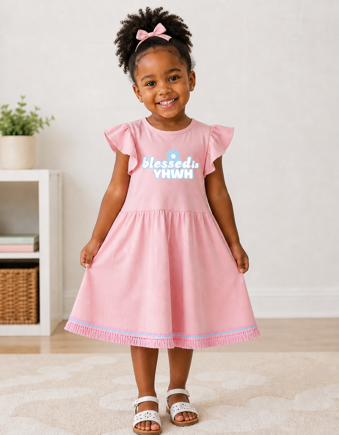 Blessed Is YHWH - 100% Cotton Pink Girls Dress with Pockets