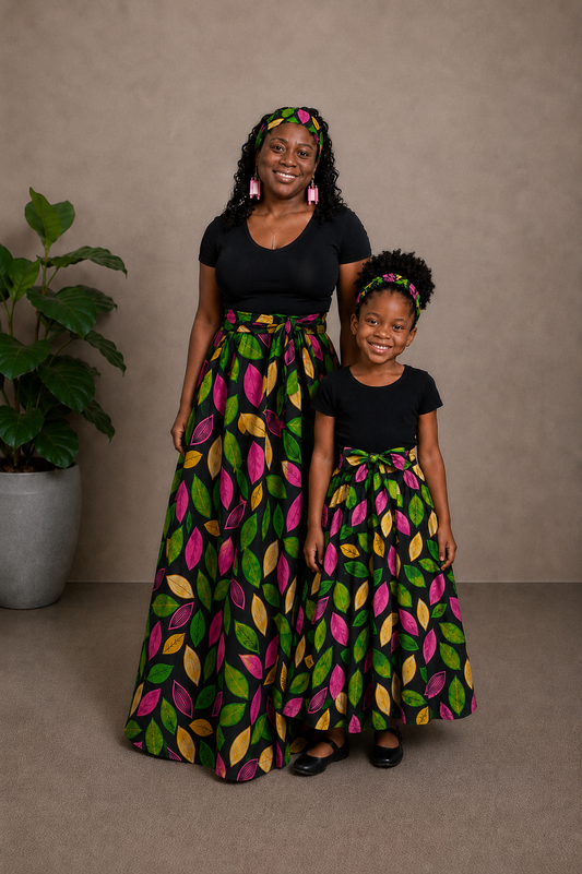 African Maxi Skirt - Yellow, Pink, Green Leaf Print