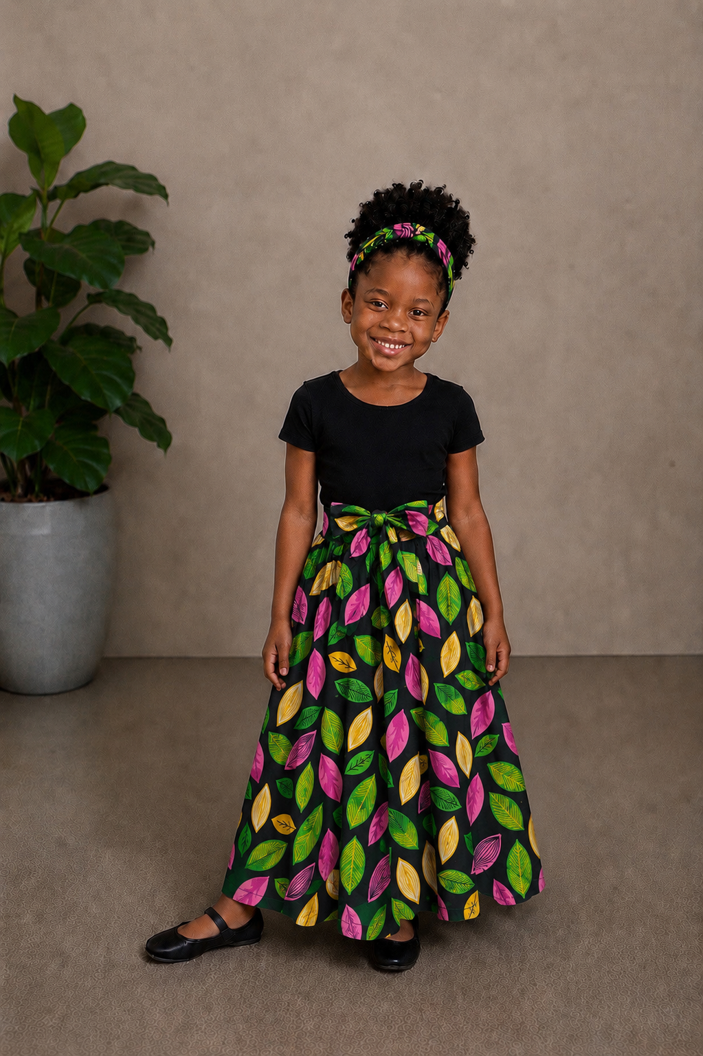African Maxi Skirt - Yellow, Pink, Green Leaf Print