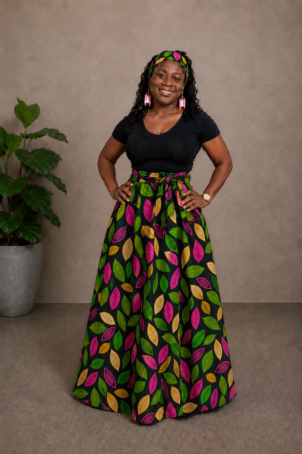 African Maxi Skirt - Yellow, Pink, Green Leaf Print