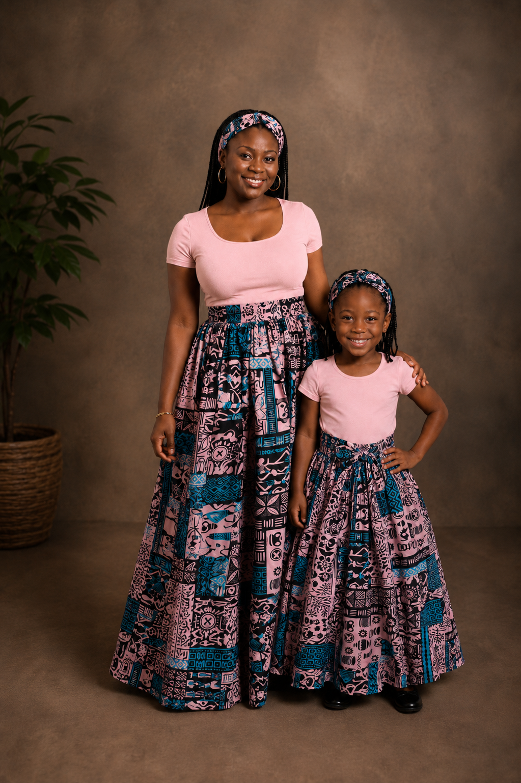 African Maxi Skirt - Light Pink and Blue Print