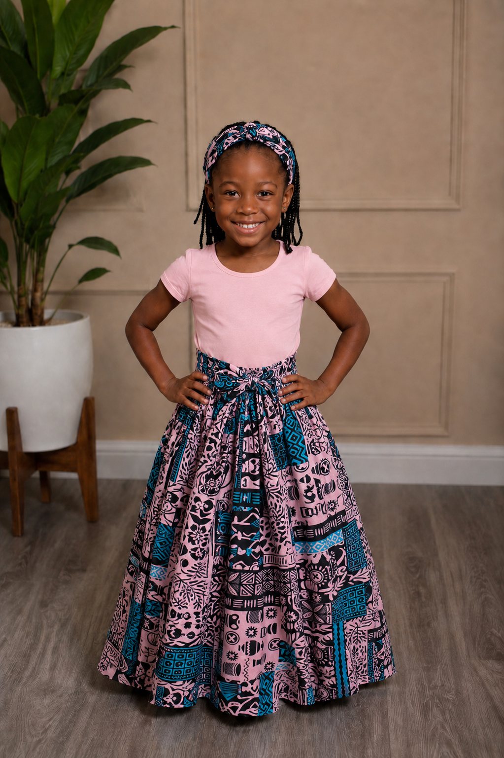 African Maxi Skirt - Light Pink and Blue Print