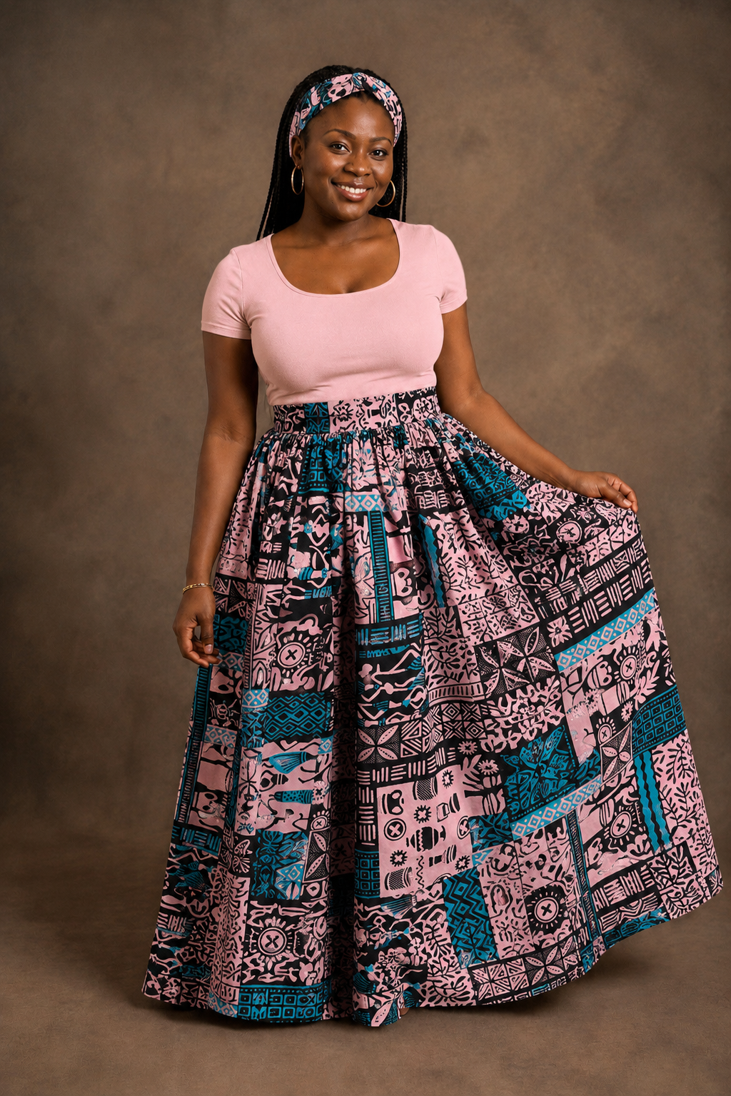 African Maxi Skirt - Light Pink and Blue Print