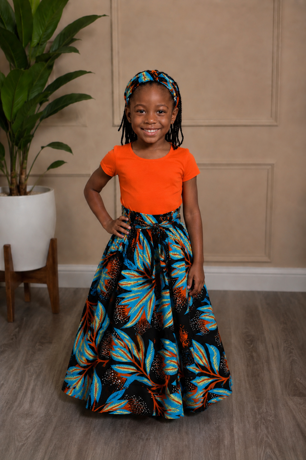 African Maxi Skirt - Orange Teal Fan Leaves Print